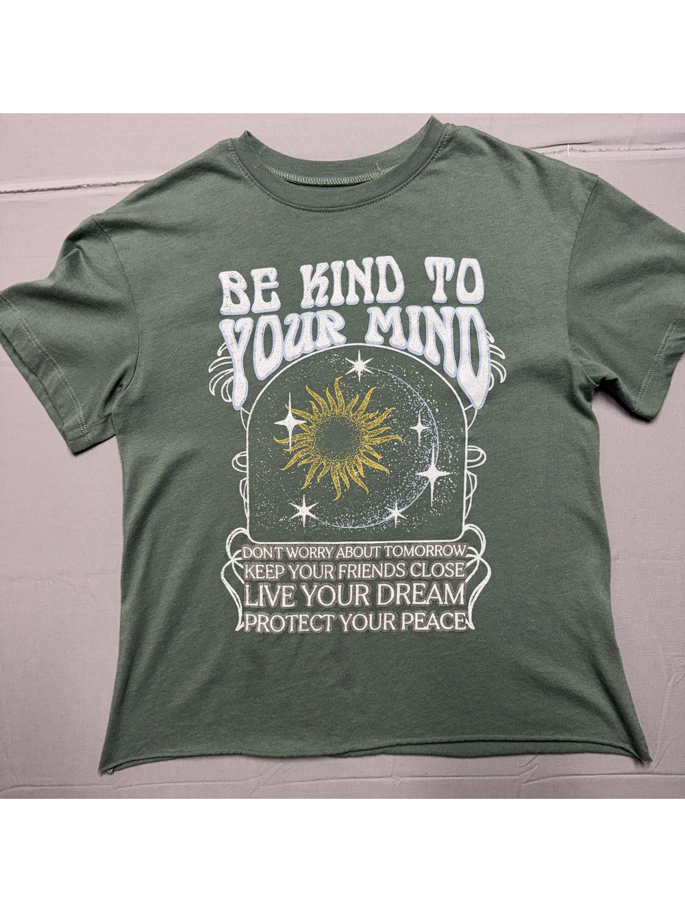 Awake Womens Graphic T-Shirt S Green Be Kind To Your Mind Celestial Boho